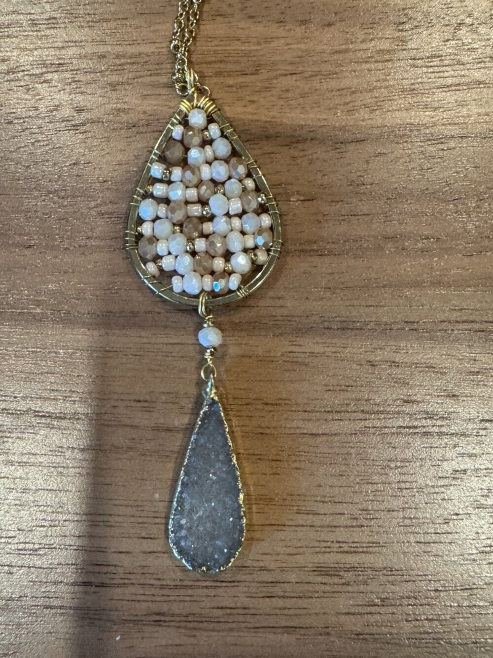 Nakamol Chicago Boho Beaded Wire Wrapped Gray Druzy Pendant Necklace